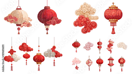 Set of red Chinese lanterns with decorative clouds and hanging tassels isolated on light background, traditional Asian ornaments for Lunar New Year celebration.