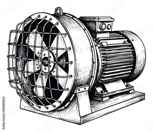 Industrial air blower with electric motor provides essential ventilation and exhaust for manufacturing facilities or HVAC systems requiring strong airflow