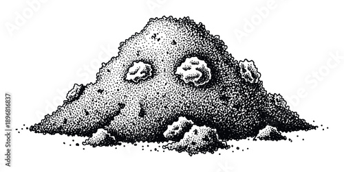 Black and white stippled heap of granular material forming a textured mound, ideal for geology, construction, science, or abstract graphic projects.
