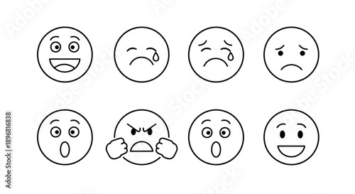 Collection of eight different cartoon emoji faces expressing various emotions.