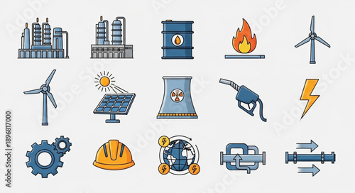 Collection of energy and industry related icons and symbols.
