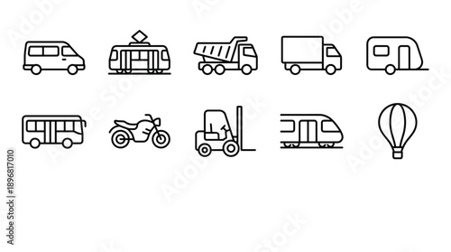 Vector icons of various vehicles and transportation modes, including cars, buses, trucks, motorcycle, tractor, train, hot air balloon, for website or app UI, isolated on transparent background, png