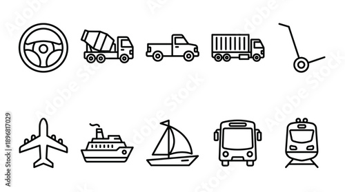 Vector icons of transportation vehicles and steering wheel, for design or website use, isolated on transparent background, png