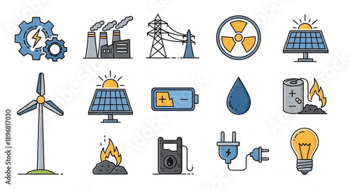 Collection of energy and power industry icons and symbols.