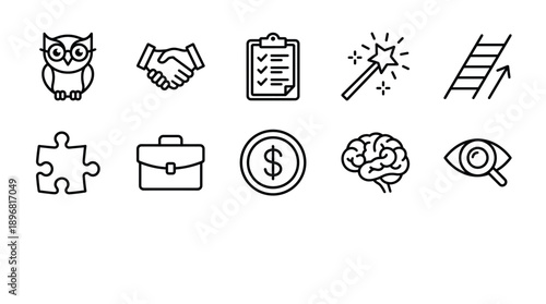 Business icons set, including owl, handshake, clipboard, magic wand, ladder, puzzle piece, briefcase, dollar coin, brain, eye, for business presentation or website, isolated on transparent background,