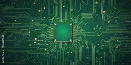 A green printed electronic circuit board featuring a high-tech computer processor chip and microchip hardware components representing modern digital engineering and motherboard technology