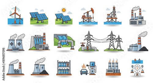 Collection of energy industry icons and illustrations representing different power sources.