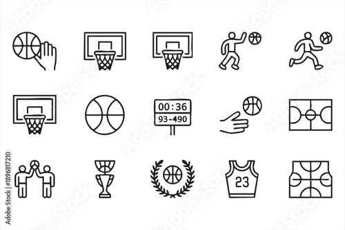 Basketball Line Icons Pack with Players Hoops and Equipment