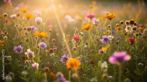 Field of wildflowers bathed in warm sunlight vibrant floral arrangement nature scene