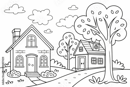 Cartoon house and neighborhood coloring page for kids, cute houses, trees, and clouds, simple black and white line art, thick outlines, easy coloring