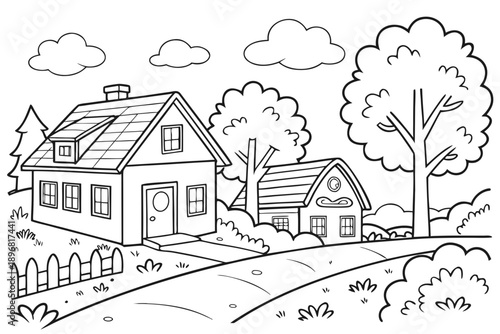 Cartoon house and neighborhood coloring page for kids, cute houses, trees, and clouds, simple black and white line art, thick outlines, easy coloring