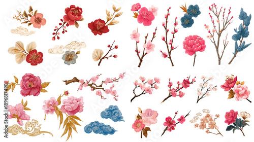 Watercolor collection of assorted blooming flowers and branches with peony and plum blossom isolated on light background, decorative botanical elements for elegant design.