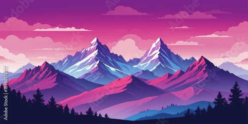 Panoramic view of the snow-capped Alps at dawn where the sun rises over misty mountain peaks and a serene lake under a colorful evening sky