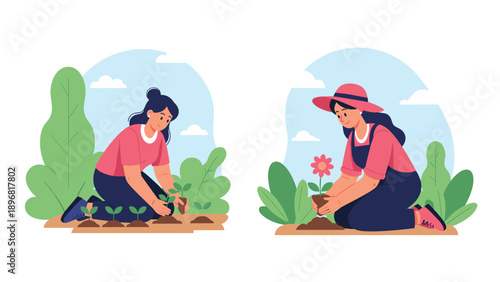 Two women are busily planting young green seedlings into the rich brown soil of a sunny garden under a clear blue sky.
