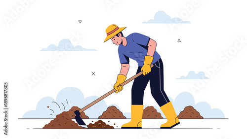 Hardworking farmer wearing a yellow hat uses a hoe to dig and prepare the soil for planting in a rural field setting.