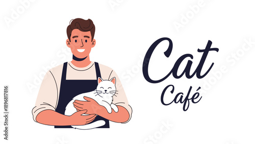 Kind man holds a fluffy white cat in his arms while standing in front of a modern and stylish cat cafe text sign.