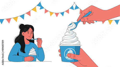 Smiling young woman enjoys a cup of white soft serve ice cream at a party decorated with festive colorful flags.