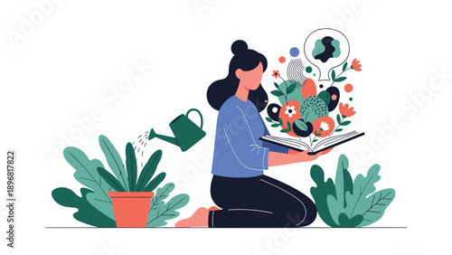 Creative woman reads an open book that blooms with colorful flowers and lush green plants while she kneels in a garden.