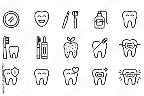 Tooth Hygiene and Orthodontic Line Icons Set