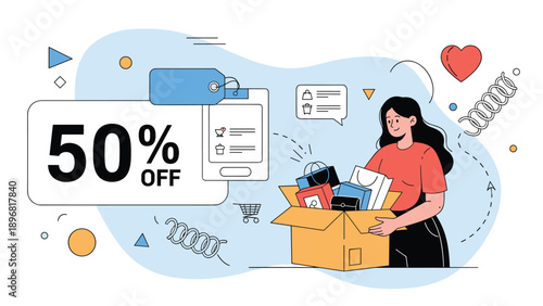 Excited young woman carries a cardboard box full of shopping bags next to a large fifty percent off retail sale sign.