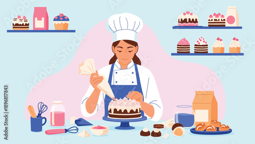 Skilled pastry chef wearing a white hat and apron carefully decorates a chocolate cake with cream in a bright kitchen.