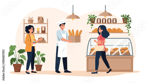 Friendly baker serves customers inside a warm and inviting bakery shop filled with fresh bread and plants on shelves.