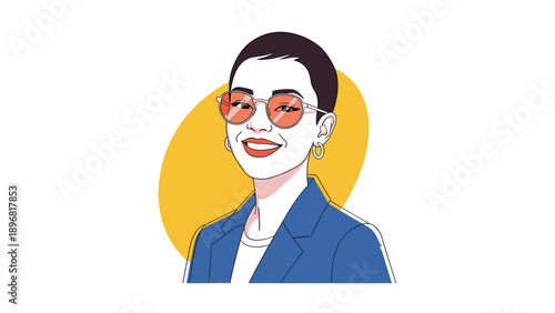 Stylish woman with a short haircut and trendy red sunglasses smiles confidently against a bright yellow background.