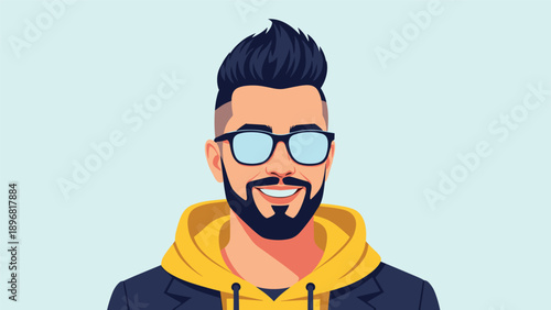 Modern young man with a stylish beard and glasses smiles warmly in a casual portrait against a light blue background.