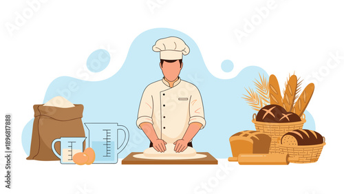Professional chef in a white uniform kneads dough on a wooden board surrounded by fresh bread, flour, and eggs.