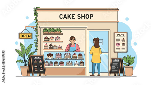 Customer visits a charming local cake shop where a friendly baker stands behind a counter filled with many treats.