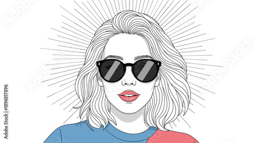 Glamorous woman with blonde hair and black sunglasses is featured against a graphic sunburst backdrop in pop art style.