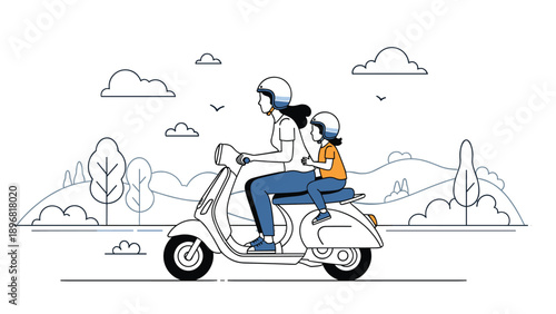 Mother and young child wear helmets while riding a white scooter together through a rolling landscape with hills.