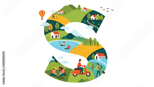 Artistic letter S is intricately filled with various scenes of nature, agriculture, farming, and outdoor recreation.