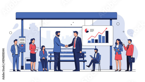 Business team collaborates and shakes hands at a bus stop featuring a rising financial growth chart in the background.