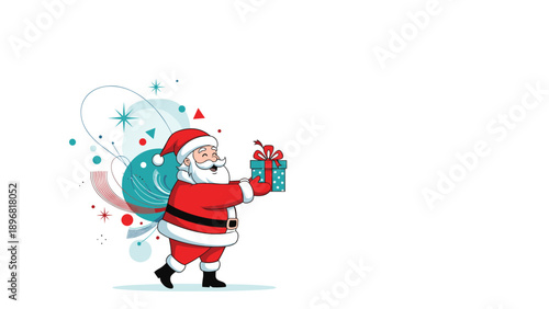 Santa Claus walks forward carrying a blue gift box and a large sack of colorful presents for the holiday season.