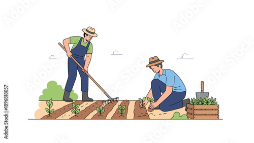Two gardeners work together in a vegetable patch with one man raking soil and another person planting seedlings.