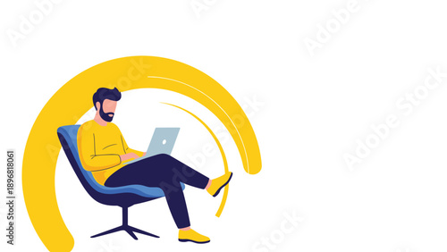 Young man with a beard sits in a comfortable blue chair and works on his laptop against a yellow graphic background.