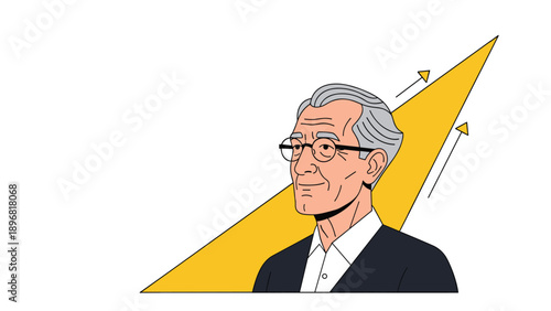 Sophisticated elderly man with gray hair and glasses is shown next to rising yellow financial growth arrows and shapes.