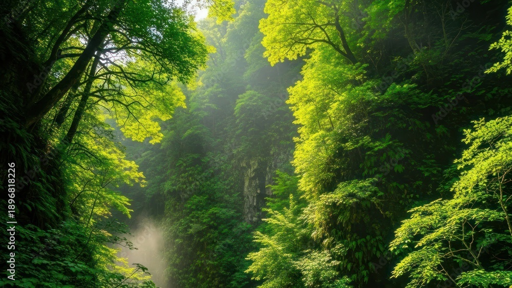Obraz premium Lush green forest scene with sunlight filtering through dense foliage and trees