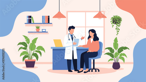 Professional doctor in a white coat consults with a female patient in a modern medical office filled with green plants and warm lighting.