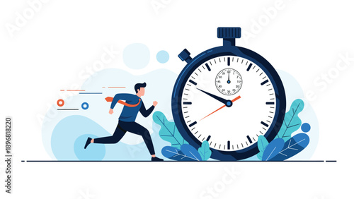 Determined businessman in a blue shirt and tie runs fast alongside a large stopwatch to represent meeting deadlines and time management.