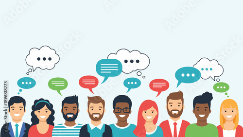 Diverse group of smiling people standing together with colorful speech bubbles and thought bubbles representing communication and ideas.