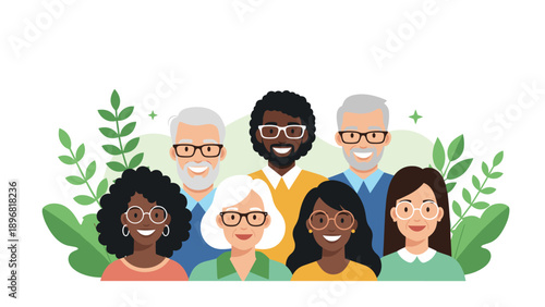 Group of happy senior citizens from diverse backgrounds smiling together while surrounded by green foliage in a positive community setting.