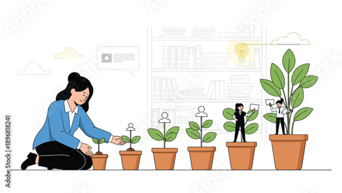 Young woman tends to several potted plants at various stages of growth with the help of tiny people in a productive garden environment.