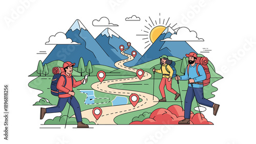 Team of hikers walks along a winding path through a scenic mountain range marked with several location pins during a summer expedition.