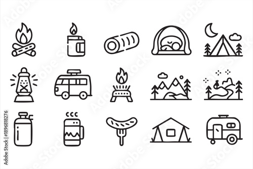 Camping Gear and Adventure Outline Icons for UI UX