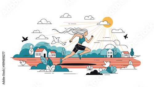 Athletic woman runs along a track through a pleasant neighborhood during a sunny day with birds flying and houses in the background.
