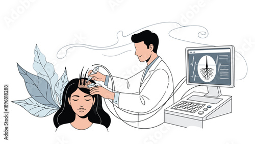 Doctor performs a medical procedure on a female patient's scalp while a monitor shows a detailed view of hair follicles and growth.