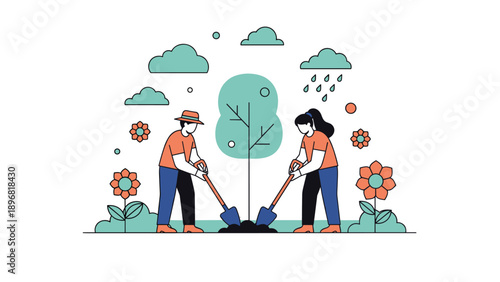 Environmentally conscious man and woman work together to plant young tree in garden to support reforestation and nature.