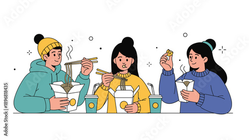 Diverse group of young friends enjoys delicious meal together eating takeout noodles with chopsticks in casual setting.